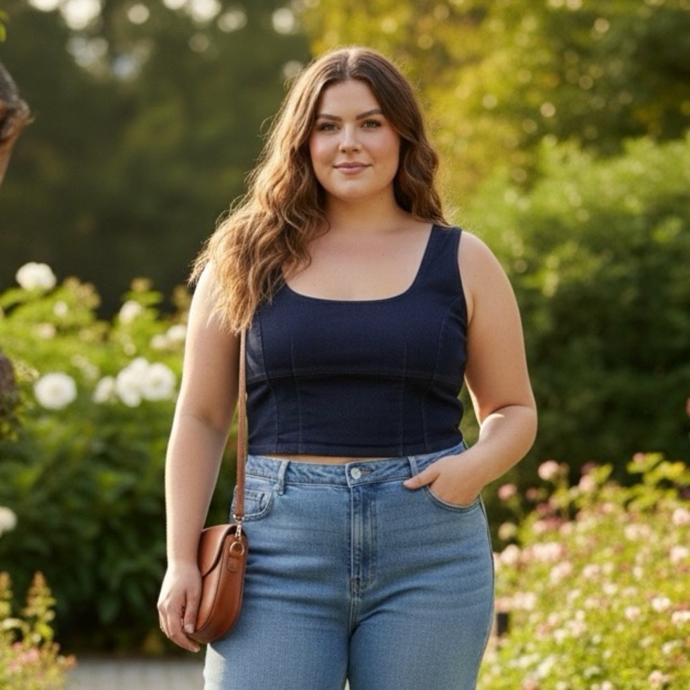 Ashley Stewart Plus Size Dark Denim Zip Back Crop Top NWT 18/20